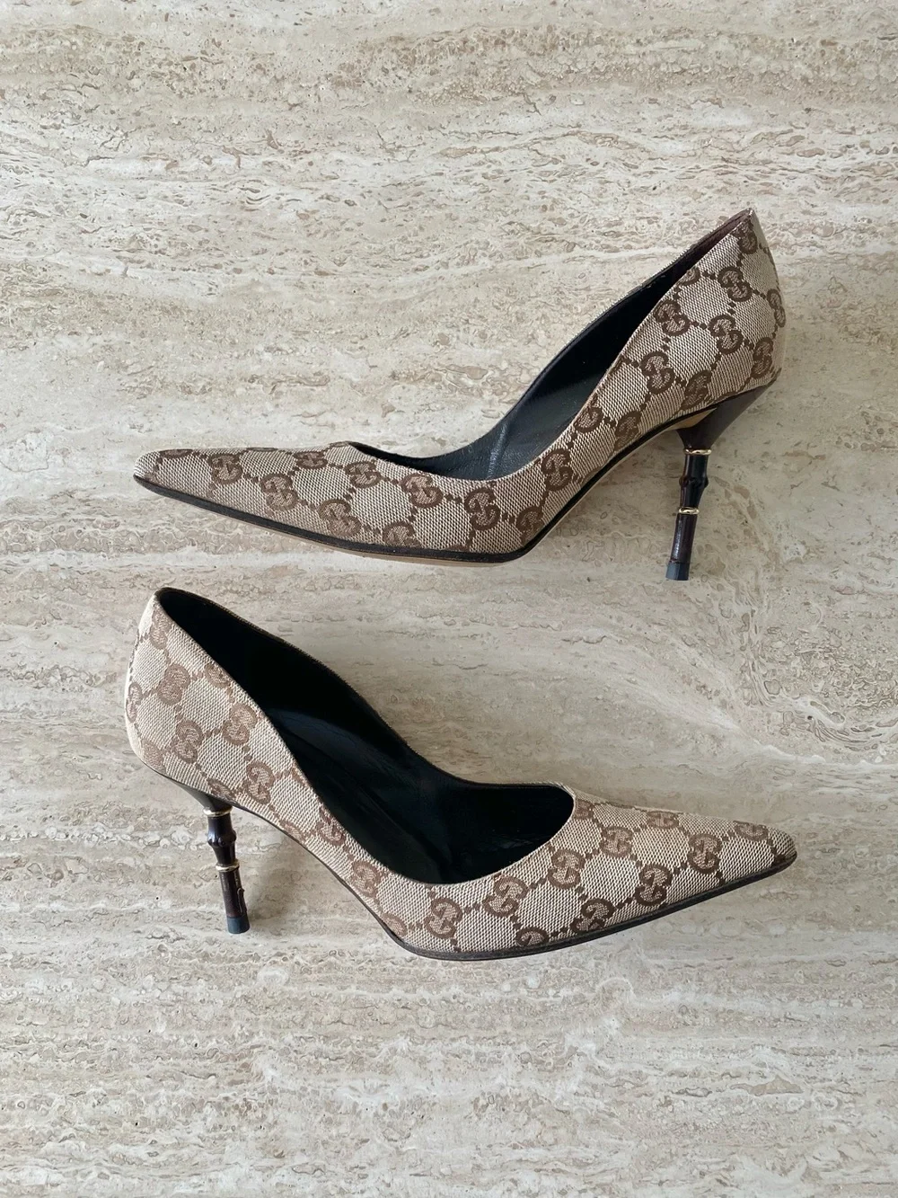 Gucci GG Canvas Pointed-Toe Pumps in Beige and Brown - Picture 2 of 10